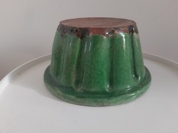 Antique folk green glazed ceramic kuglóf oven form