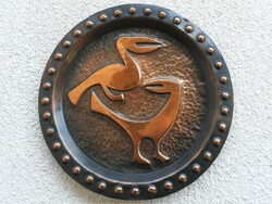Retro iparművészeti bronz madaras falitál, 30 cm