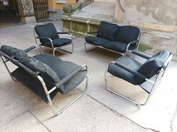 Skandináv mid century , krómozott acélvázas ülőgarnitúra,  dupla sofa és fotelek
