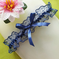 Wedding hak36 - 45mm dark blue bow garter, thigh lace, groomsmen
