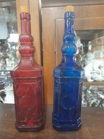 Spanish recycled glass painted blue-burgundy glass flask, drink holder, flask, bottle. 35.5 Cm.