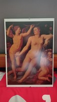 A/4 méretű fali dísz, klasszikus festmény reprodukció, Vénuszt és Ámort ábrázoló kép modern keretben