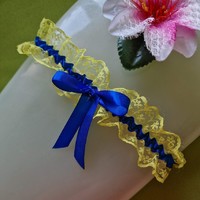 Wedding hak57 - 45mm yellow-blue colored bow garter, thigh lace, groomsmen