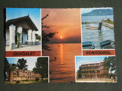 Postcard, balaton, Fonyód mosaic details, press house, sunset, pier, resort, hostel