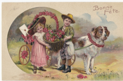 Gyerekek bernáthegyi kutyával - dombornyomásos képeslap