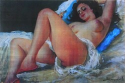 1Q172 Károly Szegvár: framed reclining female nude print 38.5 X 52 cm
