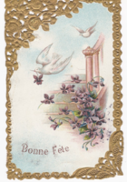 Virágok, galambok - aranyozott, csipkézett dombornyomásos képeslap