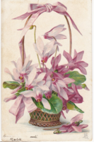 Virágkosár dombornyomásos hosszú címzéses képeslap