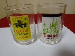 Two one deciliter glass glasses with brandy inscription. Jokai.