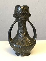 Art Nouveau 2-eared spiater vase decorated with convex flowers, 28 cm