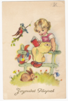 Kislány nyuszival, madarakkal - húsvéti képeslap