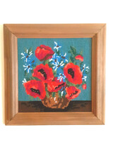 Poppy tapestry picture in a wooden frame. 28X28 cm