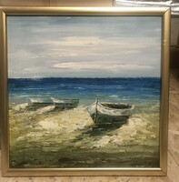 Marked by J. Weber: boats, oil painting 50 x 50 cm, in a wooden frame (painting by József Weber)
