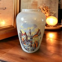 Eocene Romanian porcelain vase with a view of Segesvár, 16 cm.