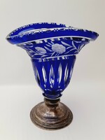Kék kristály váza, ovális, ritka forma, jelzett, 18,2 cm