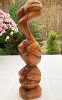 Faragott három alakos Yogi szobor, Indonéziából, egyedi kézműves munka. 30cm.