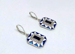 Art deco style blue cz crystal earrings with enamel inlay 378