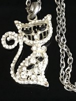 Cat pendant necklace with sparkling crystals, pendant 5.5 cm, chain 70 cm