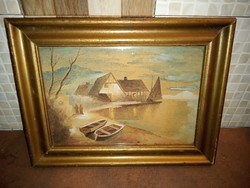 35x26 régi festmény akvarell üveg mögött szignózott aranyozott keretben