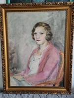 Fried Pál Női portré rózsaszín kardigánban