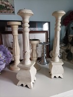 Pair of 2 large (42, 41) distressed white wooden candle holders with a nice, simple carved pattern