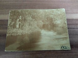 Antique small photo, fishing man and boy, Hungarian text on the back, date: 1921. Iii.7., Size: 9cmx 6cm
