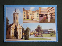 Postcard, bonyhád, mosaic details, church, gymnasium, school, volán bus station