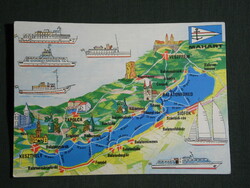 Képeslap, Balaton, MAHART hajózási Rt., grafikai rajzos,térképes,útvonal,idő,települések, hajók