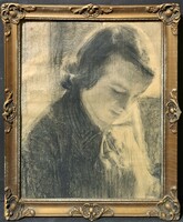Breznay József: Fiatal nő portréja - korai mű, ritka - ceruzarajz blondel keretben