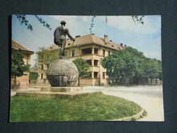 Postcard, baja, April 4 square, statue of András Jelky, view detail