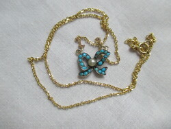 Antique necklace: Biedermeier bow with turquoise stones, pearls, gold chain
