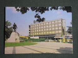 Postcard, Békéscsaba, Kossuth square, statue, park, Kőrös hotel, hotel view, detail