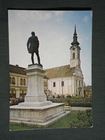 Képeslap, Baja, Tóth Kálmán tér, szobor, templom