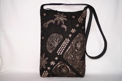 Hand-embroidered black and silver floral Indian sari long zipper shoulder bag for women