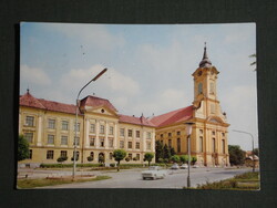 Postcard, Békéscsaba, Rózsa Ferenc high school, church, view detail