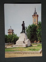 Képeslap, Békéscsaba, Kossuth tér, szobor,park részlet,templom látkép