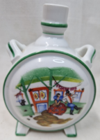 Zsolnay antique shield seal porcelain water bottle, pipe-smoking farmer and wife 13 cm.
