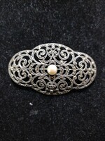 Art Nouveau silver brooch with marcasite and pearl
