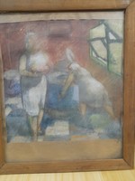 Rimóczi Rudolf Akvarell,"Üzemi Konyha" Életkép Festmény,Kép.40 x 40 cm.