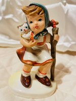 Vintage Lefton kézzel festett Taiwan-i porcelán figura-Alpesi túrázó kislány macskával