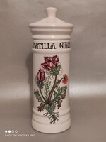 Ceramic apothecary jar marked with pulsatilla grandis floral pattern