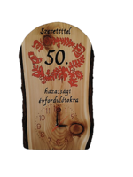 Fából készült falióra 50 házassági évforduló alkalmából magyar népi motívummal