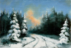 December walk in the pine forest - acrylic painting - 17 x 25 cm