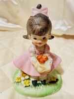 Vintage Lefton kézzel festett Taiwan-i porcelán figura-Kislány rózsaszín ruhában almáskosárral