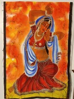 Hindu nő, indiai vászonra festett batik falikép Indiából