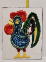 Hódmezővásárhely, colorful rooster, white glazed ceramic wall decoration (2942)