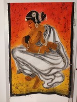 Gyermekét szoptató hindu nő, indiai vászonra festett batik falikép Indiából