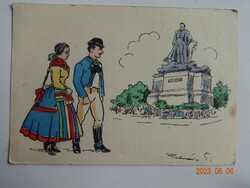 Old graphic postcard - the statue of Ernő Kiss from Nagybecskerek and the folk costume of the region