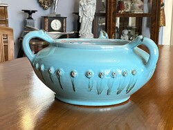 Pale blue 3-handled round painted ceramic decorative bowl centerpiece 25 cm