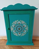New! Turquoise key cabinet with mandala decoration, hand painted 27.5x21x6cm
